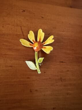Vintage Hand Painted Flower Brooch Yellow Orange Enamel Floral Pin Signed